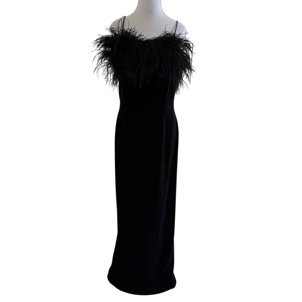 Vintage Alex Evenings Black Velvet Feather Trim Maxi Evening Gown Dress S M 12